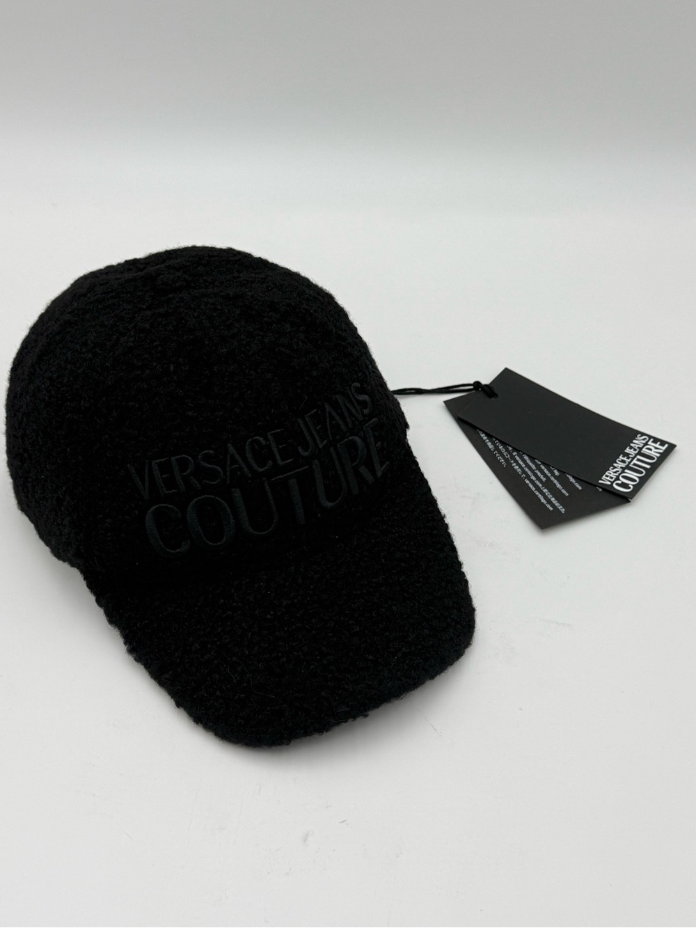 NWT Versace Jeans Couture Black Bouclé Teddy Baseball Cap Hat Logo AUTHENTIC